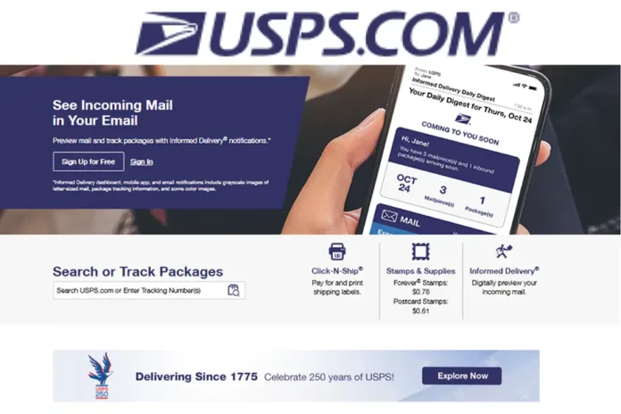 USPS Post Office homepage showing mail tracking, Informed Delivery, Click-N-Ship, and mobile preview features.