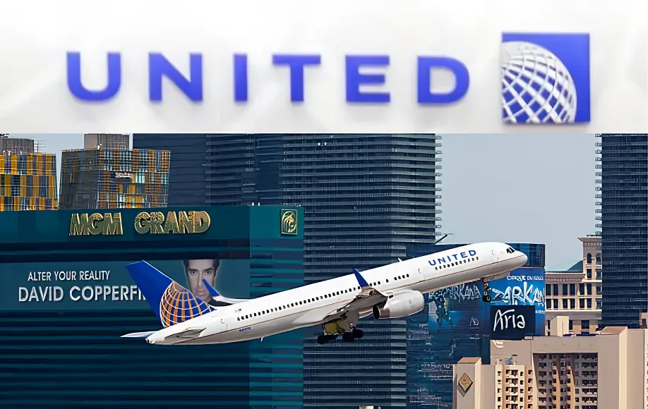 United Airlines Flight UA770 Emergency Diversion jet taking off with city skyline backdrop and clear airline branding