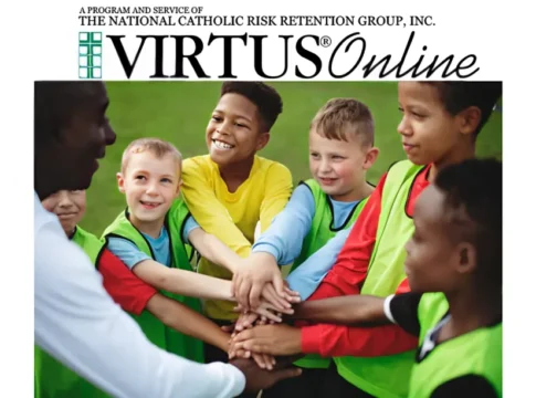 virtusonline youth safety program with kids and coach in a team huddle promoting protection and awareness training.