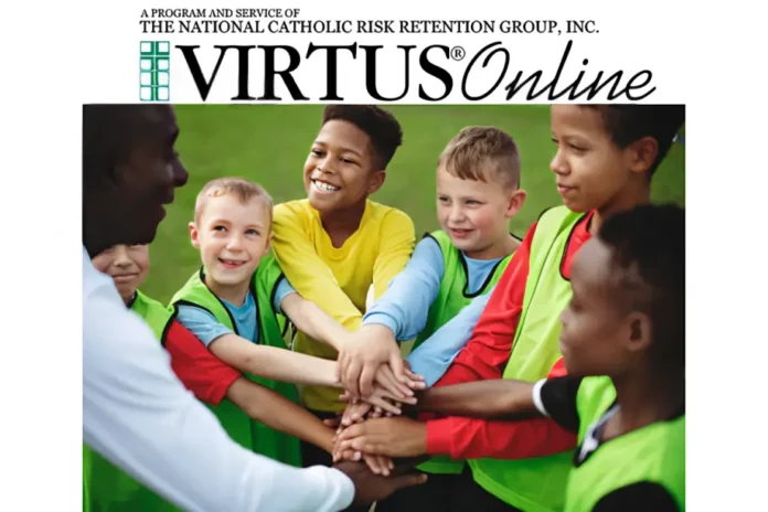 virtusonline youth safety program with kids and coach in a team huddle promoting protection and awareness training.