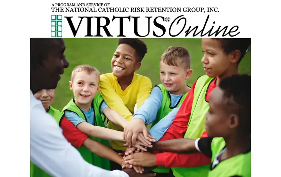 virtusonline youth safety program with kids and coach in a team huddle promoting protection and awareness training.