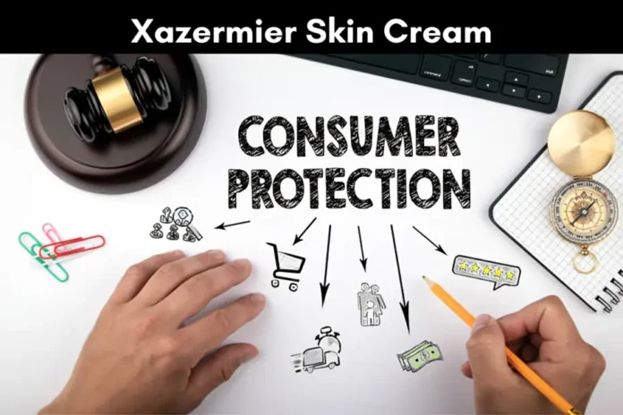Xazermier Skin Cream consumer protection concept with legal and financial icons, hands drawing on desk with gavel and compass.