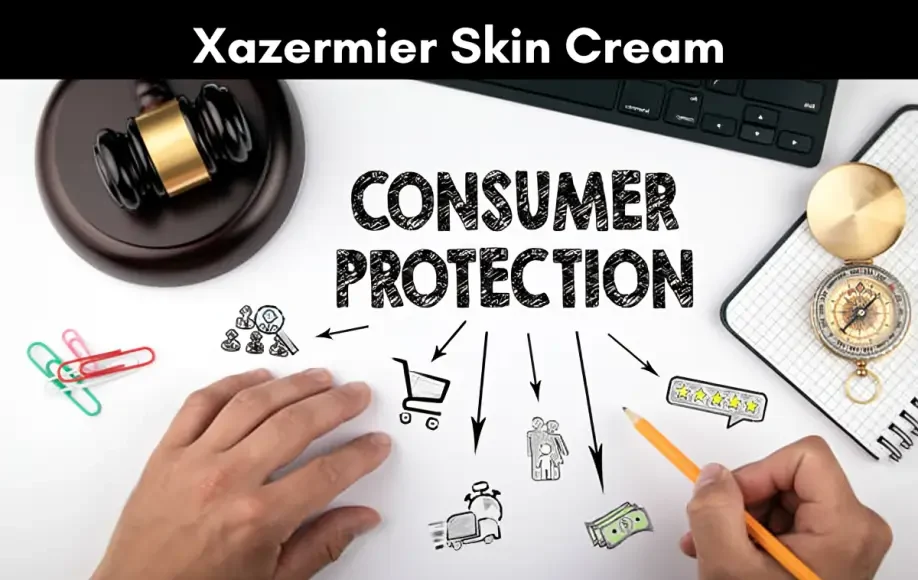 Xazermier Skin Cream consumer protection concept with legal and financial icons, hands drawing on desk with gavel and compass.