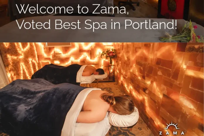 Zama Massage Portland spa room with relaxing couple massage setup and warm salt wall lighting ambiance.