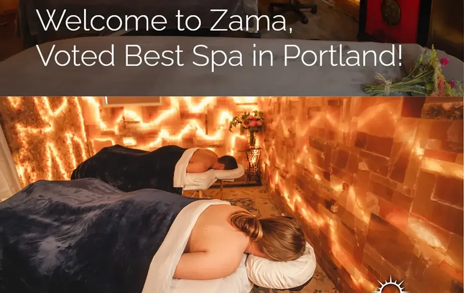 Zama Massage Portland spa room with relaxing couple massage setup and warm salt wall lighting ambiance.