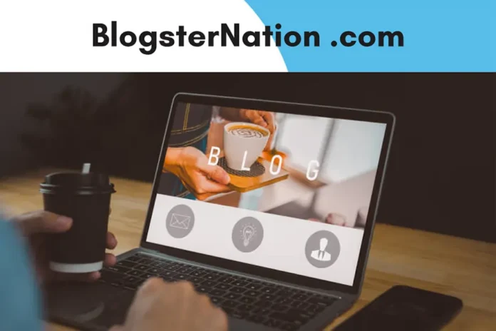A person holding a coffee cup sits at a desk with a laptop displaying a blogsternation .com blog page; the words 