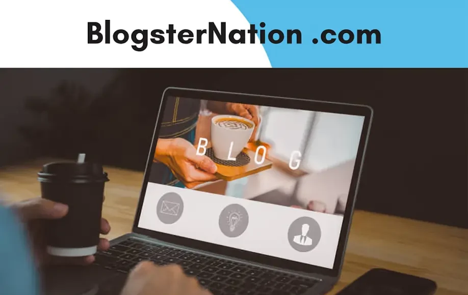A person holding a coffee cup sits at a desk with a laptop displaying a blogsternation .com blog page; the words 