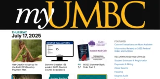 myUMBC dashboard showing July 17, 2025 events, payment plan sign-up, course evaluations, and student resources.