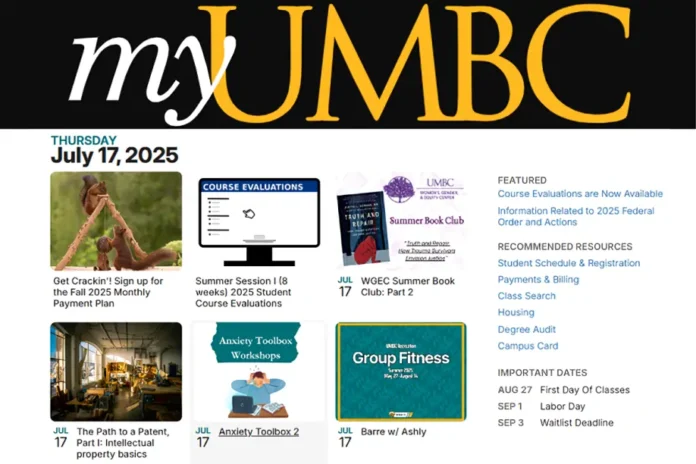 myUMBC dashboard showing July 17, 2025 events, payment plan sign-up, course evaluations, and student resources.