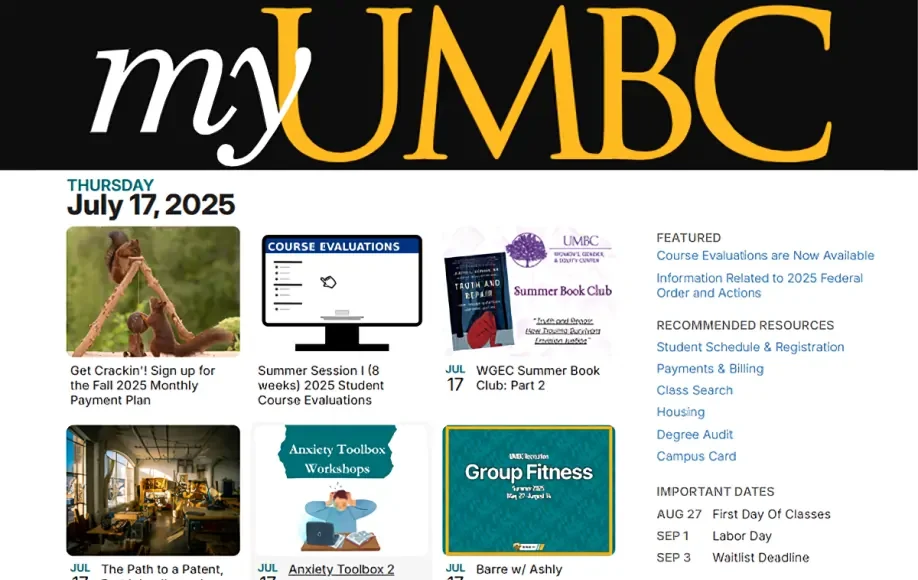 myUMBC dashboard showing July 17, 2025 events, payment plan sign-up, course evaluations, and student resources.