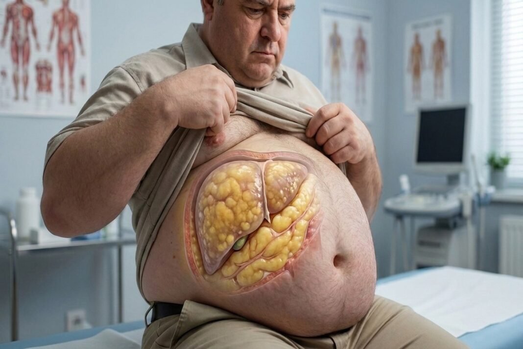 Fatty liver illustration showing excess abdominal fat and a fatty liver inside the abdomen.
