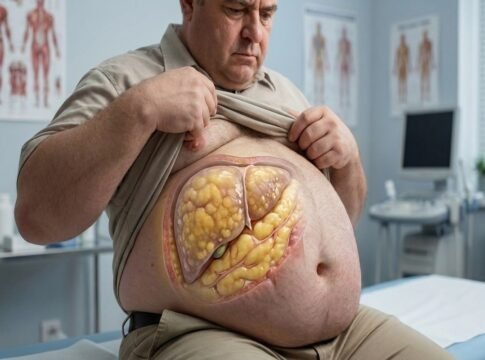 Fatty liver illustration showing excess abdominal fat and a fatty liver inside the abdomen.