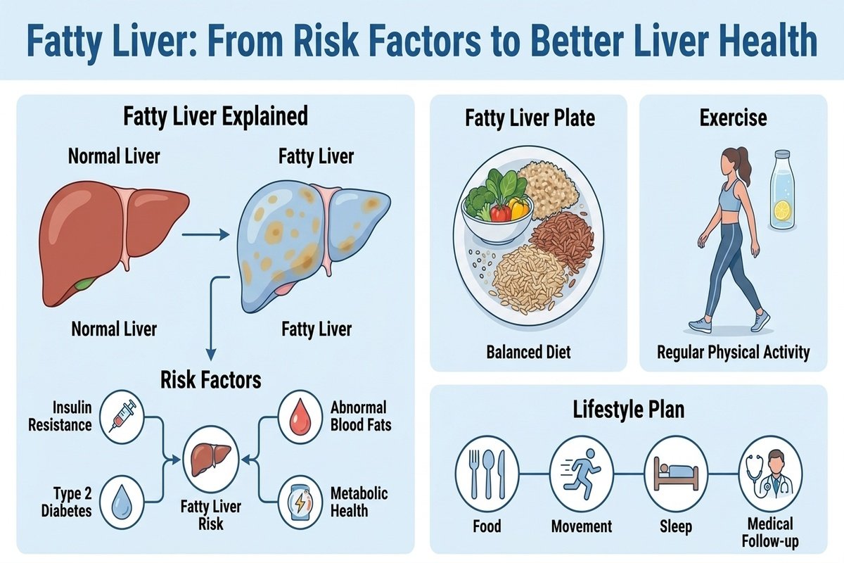 Fatty liver health infographic showing risk factors, balanced diet, regular exercise, and lifestyle steps for better liver health.
