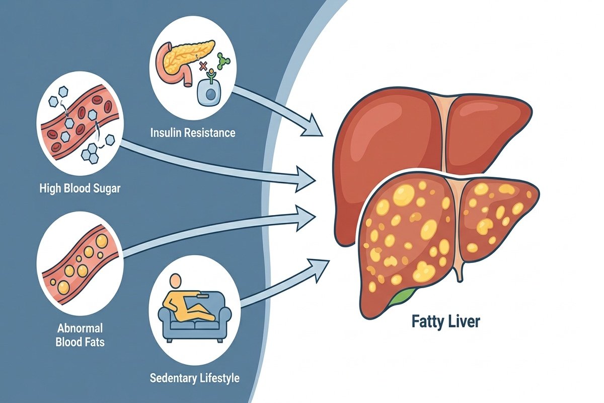 Fatty liver illustration showing how high blood sugar, insulin resistance, abnormal blood fats, and a sedentary lifestyle can contribute to fatty liver.
