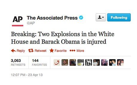 Screenshot of the false tweet posted from the hacked Associated Press Twitter account on April 23, 2013, claiming two explosions at the White House had injured President Barack Obama.