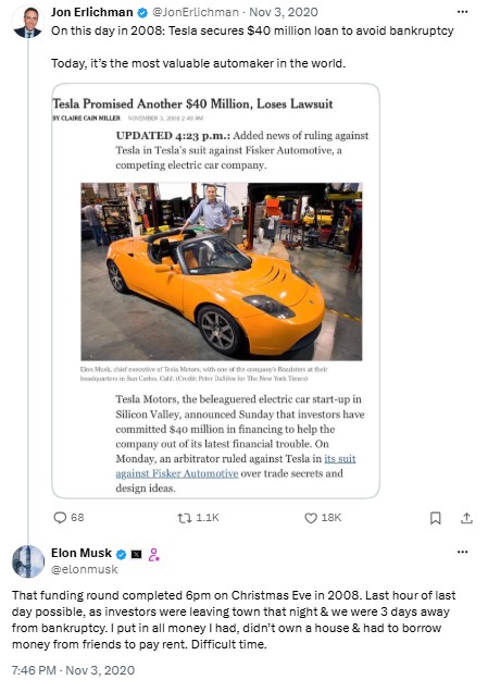 Elon Musk tweet saying Tesla was 3 days away from bankruptcy when its funding round closed on Christmas Eve 2008