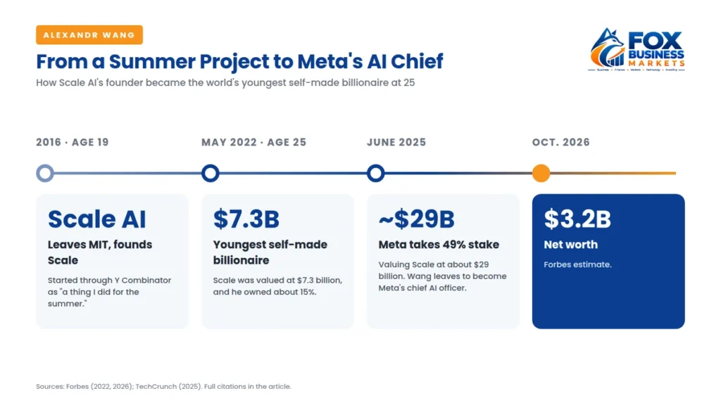 Alexandr Wang timeline from founding Scale AI at 19 in 2016 to becoming the youngest self-made billionaire at 25 and Meta’s chief AI officer in 2025