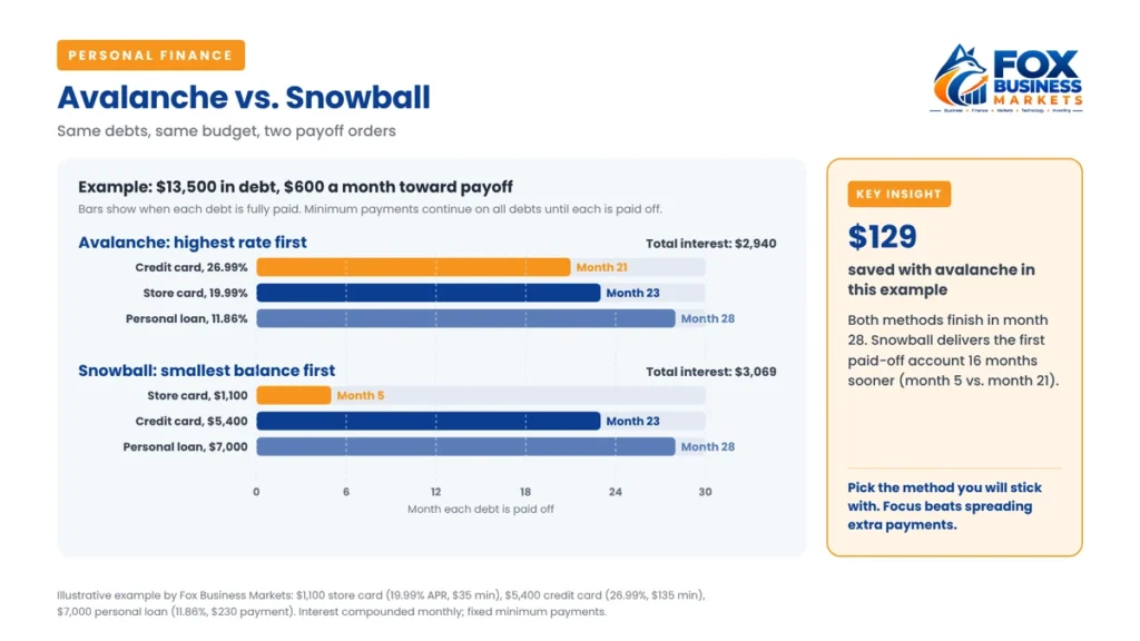 How to pay off debt: avalanche vs snowball payoff timeline for $13,500 in debt with $600 a month