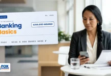Banking Basics: How Banks Work and How to Choose the Right One Banking basics: woman comparing bank account options on her phone and a brochure in a modern bank branch