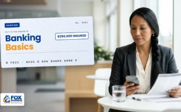 Banking Basics: How Banks Work and How to Choose the Right One Banking basics: woman comparing bank account options on her phone and a brochure in a modern bank branch