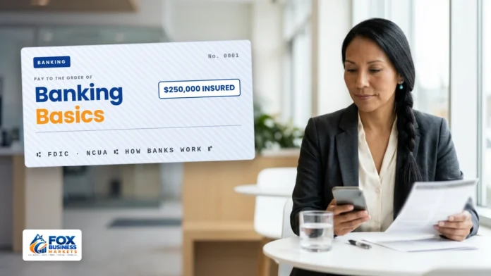 Banking basics: woman comparing bank account options on her phone and a brochure in a modern bank branch