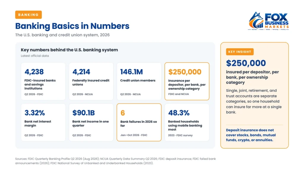 Banking basics in numbers: 4,238 FDIC-insured banks, 4,214 credit unions, and $250,000 deposit insurance in 2026