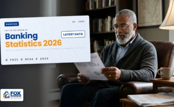 Banking Statistics 2026: Banks, Deposits, Fees, and Failures Banking statistics 2026: man reviewing a printed banking report with charts in a leather armchair at home