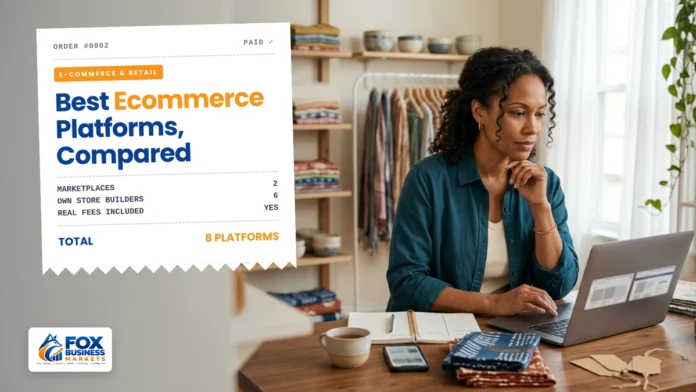 Small shop owner comparing online store platforms on her laptop, illustrating the best ecommerce platforms for small business