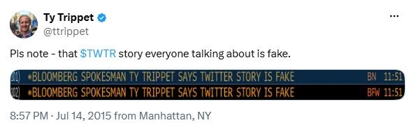 Tweet from Bloomberg spokesman Ty Trippet on July 14, 2015, saying the Twitter takeover story was fake, with Bloomberg terminal headlines reading "Bloomberg spokesman Ty Trippet says Twitter story is fake."
