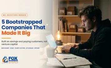 Bootstrapped Companies: 5 Success Stories Without VC Money Bootstrapped companies featured image with a founder working late at a home office desk