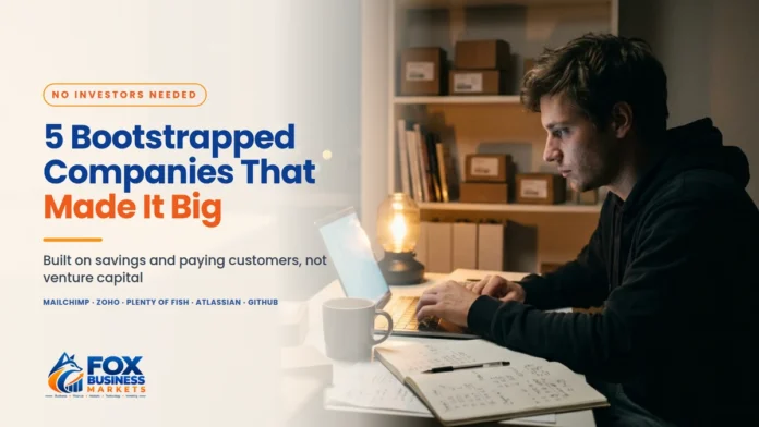 Bootstrapped Companies: 5 Businesses That Grew Without Investors Bootstrapped companies featured image with a founder working late at a home office desk