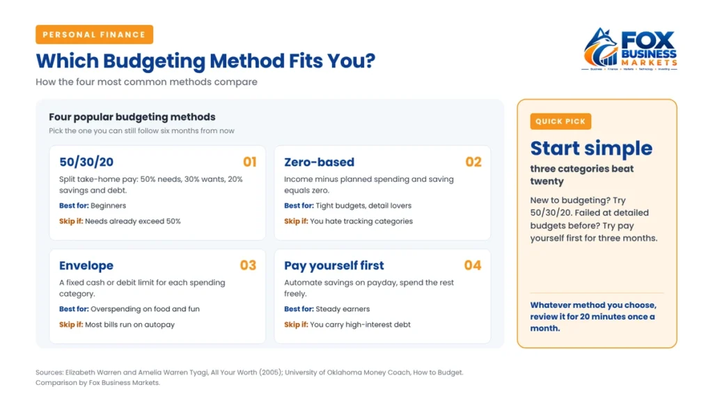 Comparison of four budgeting methods: 50/30/20, zero-based, envelope, and pay yourself first, with who each one suits