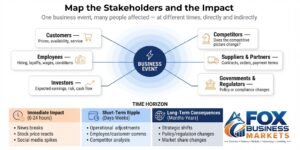 Infographic showing how a business event affects six stakeholder groups: customers, employees, investors, competitors, suppliers and partners, and governments and regulators. It shows direct versus indirect impact, where a retailer reporting shrinking sales cuts orders and its supplier then plans for smaller orders. It also splits the impact into short term, medium term (the next few quarters) and long term.