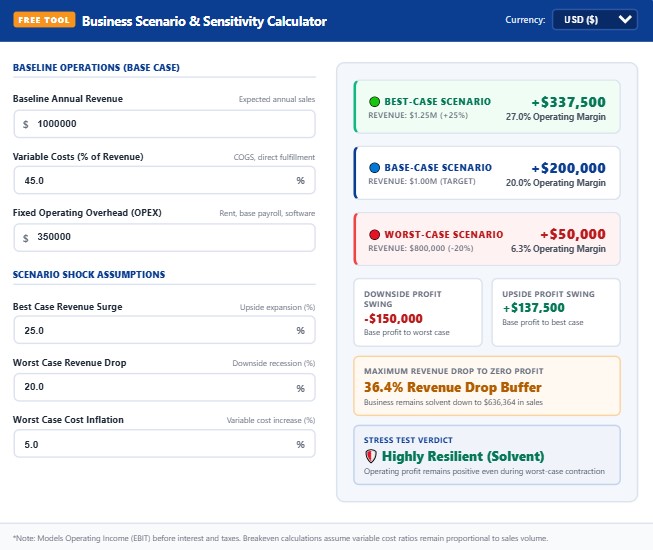 Business scenario calculator worked example comparing base, best, and worst case sensitivity outcomes