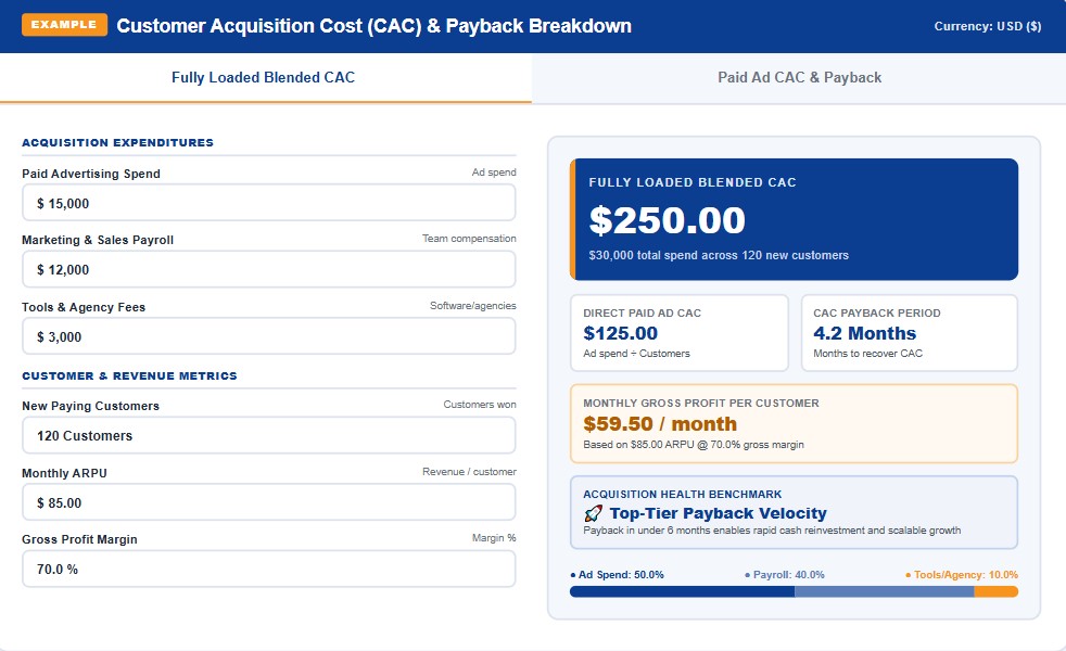 CAC calculator worked example showing fully loaded blended CAC, paid CAC, and payback period