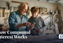 Compound Interest: How It Works, the Formula, and Real Examples How compound interest works: grandfather showing his teenage grandson a savings app on a phone in a home garage workshop