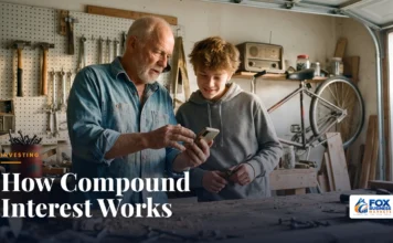 Compound Interest: How It Works, the Formula, and Real Examples How compound interest works: grandfather showing his teenage grandson a savings app on a phone in a home garage workshop
