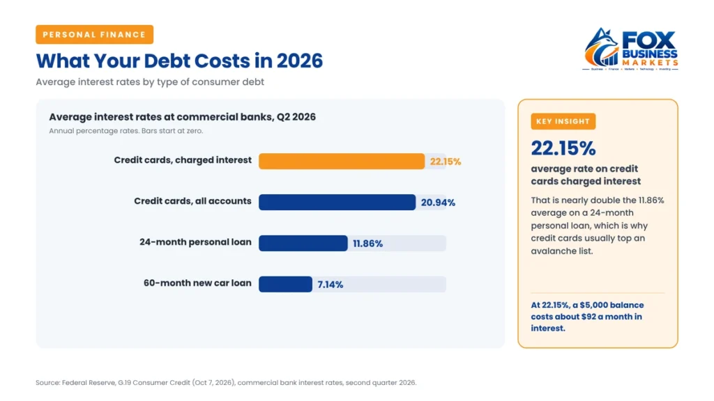 Average US consumer debt interest rates in Q2 2026: credit cards 22.15%, personal loans 11.86%, new car loans 7.14%