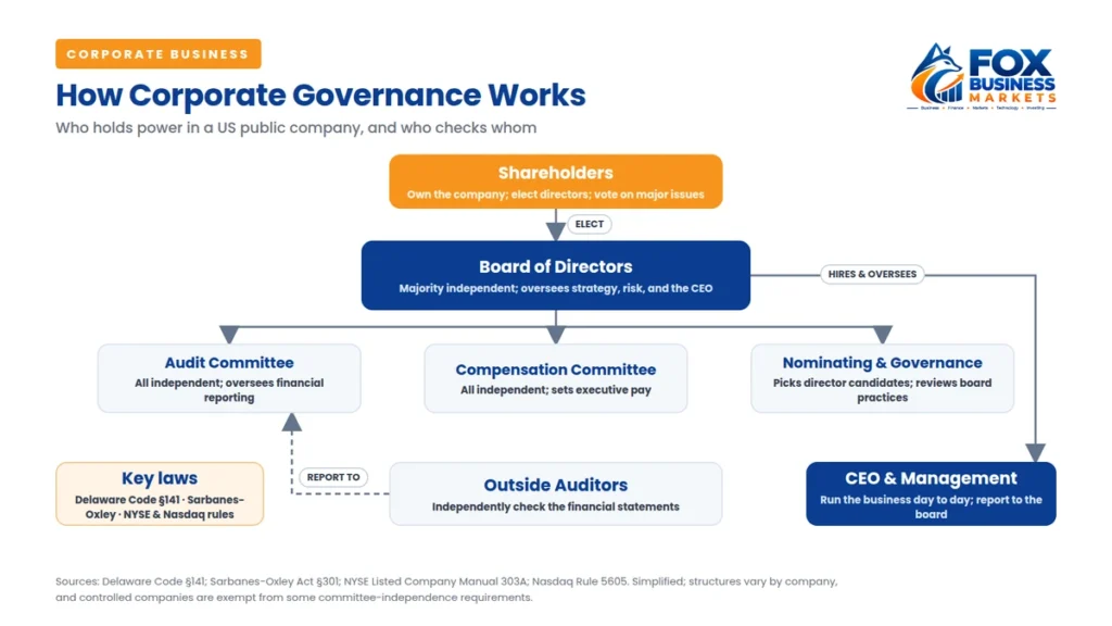 Corporate governance structure chart: shareholders elect the board, which oversees audit, compensation, and nominating committees and hires the CEO, with outside auditors reporting to the audit committee