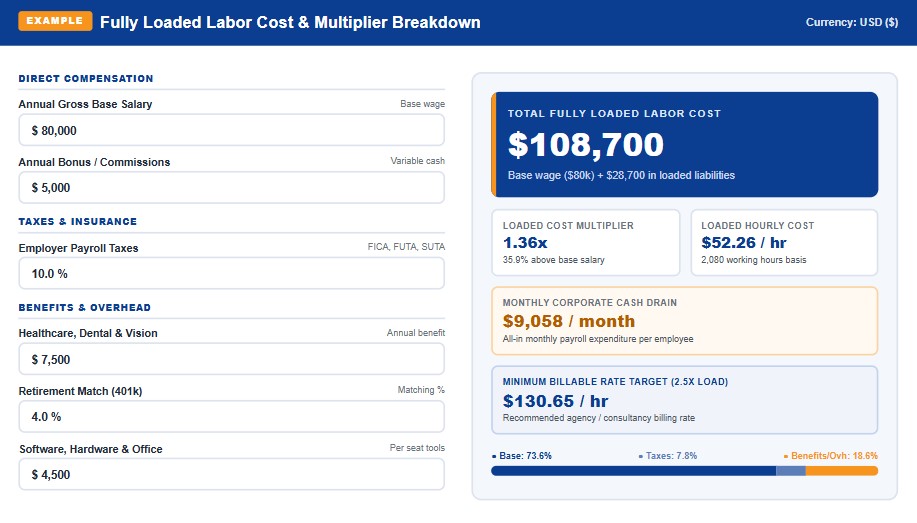 Cost per employee calculator worked example showing base salary, loaded labor multiplier, and fully loaded cost