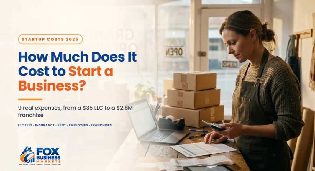 Cost to start a business in 2026: a new shop owner checking her startup budget with a calculator