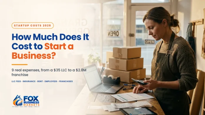 How Much Does It Cost to Start a Business in 2026? Cost to start a business in 2026: a new shop owner checking her startup budget with a calculator