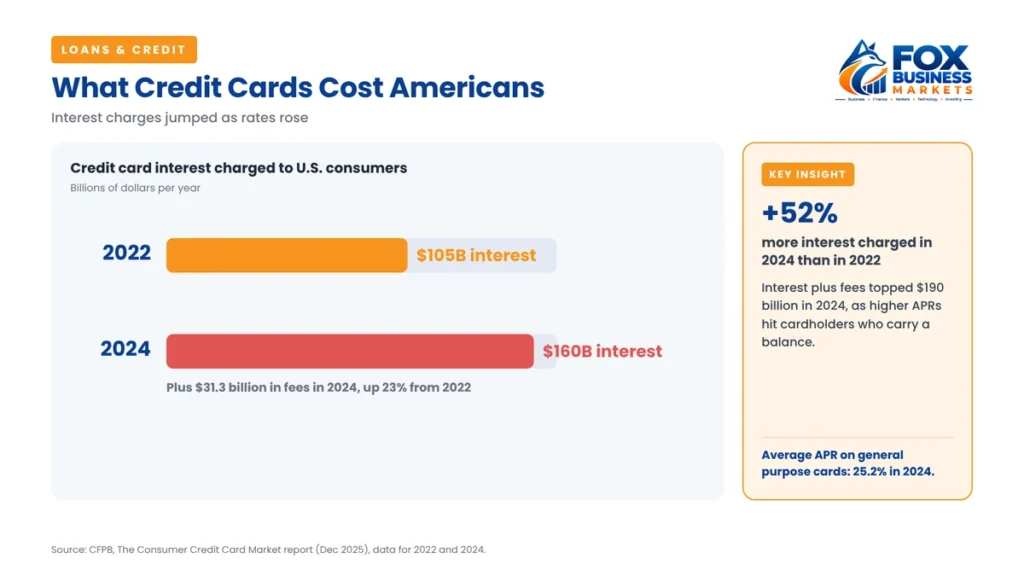 Credit card interest charged to US consumers rose from $105 billion in 2022 to $160 billion in 2024