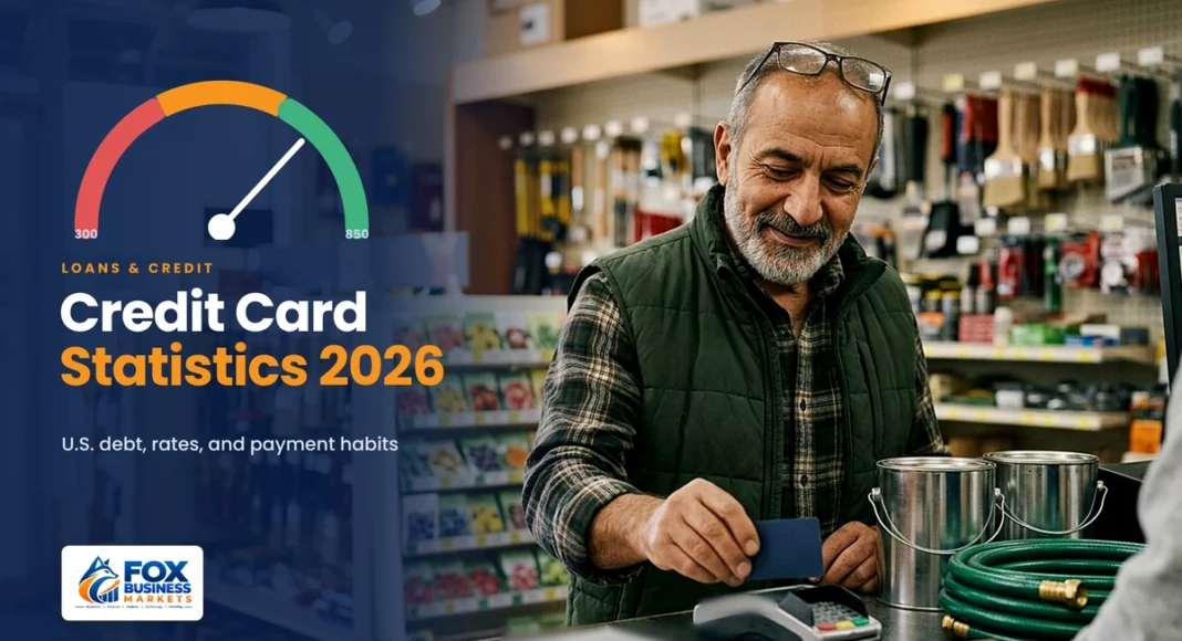 Credit card statistics: man paying with a credit card at a hardware store checkout terminal