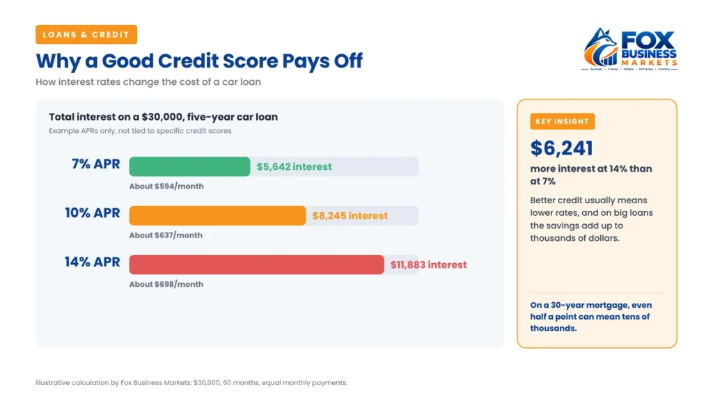Total interest on a $30,000 five-year car loan at 7%, 10%, and 14% APR, from $5,642 to $11,883