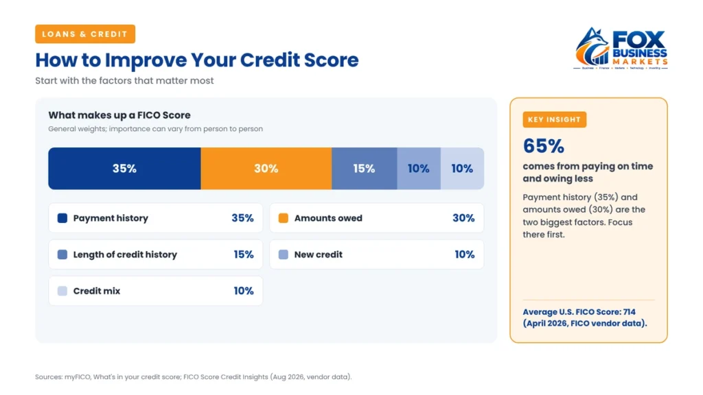 How to improve your credit score: FICO Score factors, payment history 35%, amounts owed 30%, credit history 15%