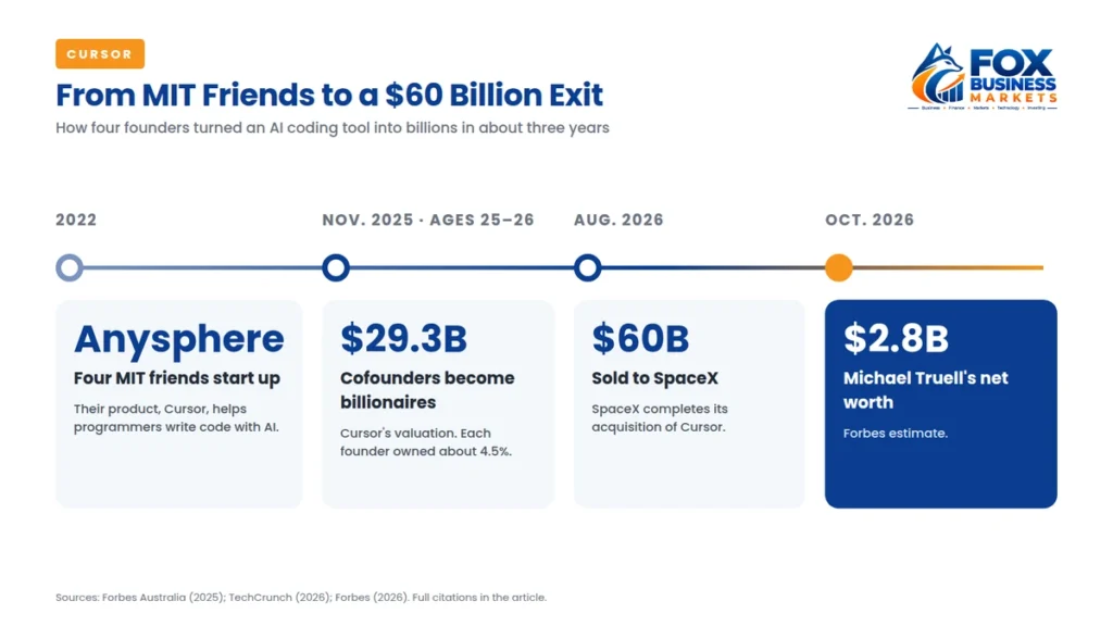 Cursor founders timeline from starting Anysphere at MIT in 2022 to becoming billionaires in 2025 and selling Cursor to SpaceX for $60 billion in 2026