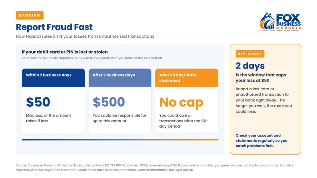 Debit card fraud liability rules: $50 if reported within 2 business days, up to $500 after, and no cap after 60 days