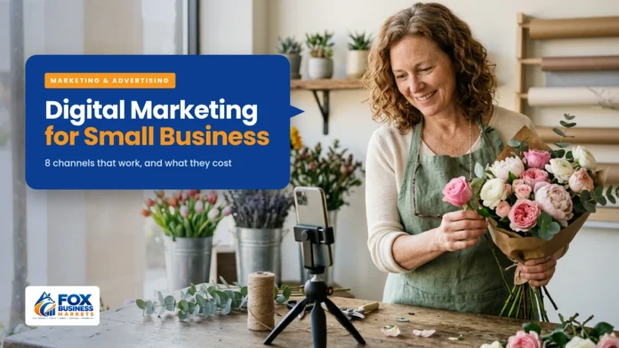 Digital Marketing for Small Business: What Works and What It Costs Digital marketing for small business featured image showing a flower shop owner filming a social media video of a bouquet on her phone