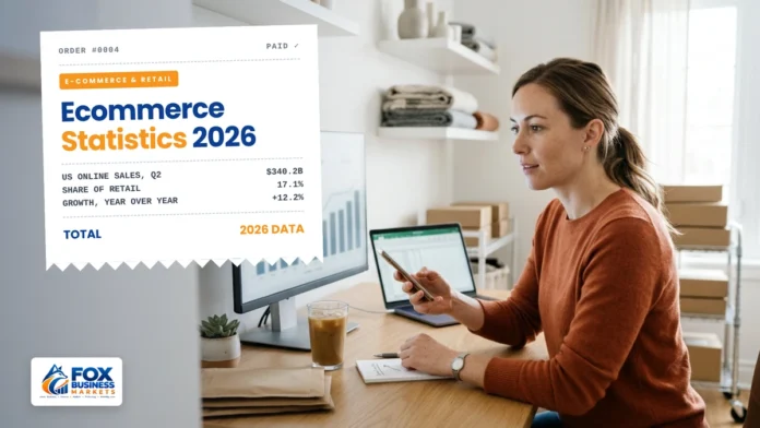 Ecommerce Statistics 2026 Online store owner reviewing a sales dashboard and her phone, illustrating ecommerce statistics for 2026
